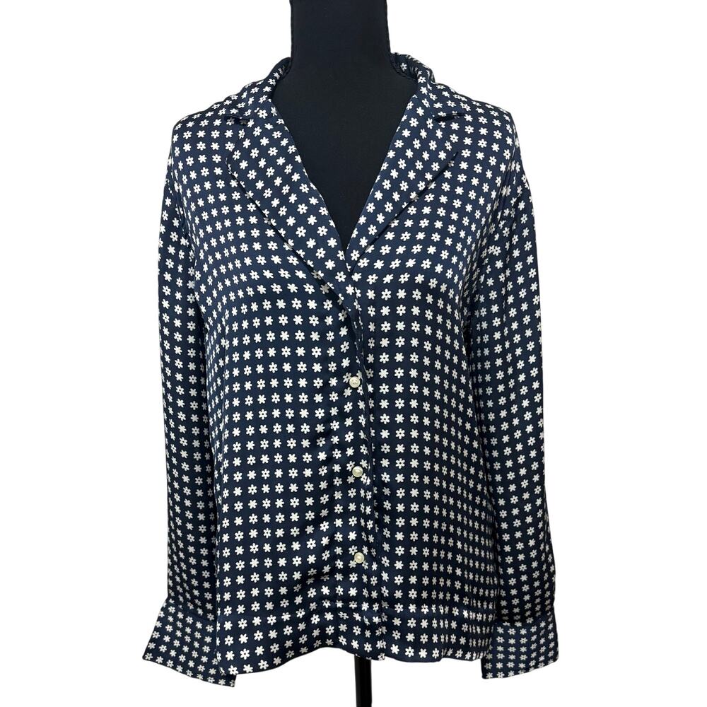 Free Assembly Camp Shirt Blouse M Navy White Daisy Print Button Relaxed Top